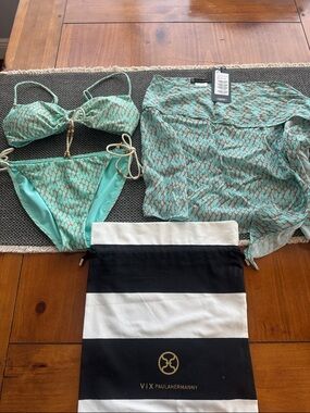 Vix Paula Hermanny Aqua Print Bikini Set with Cover-Up Never Worn